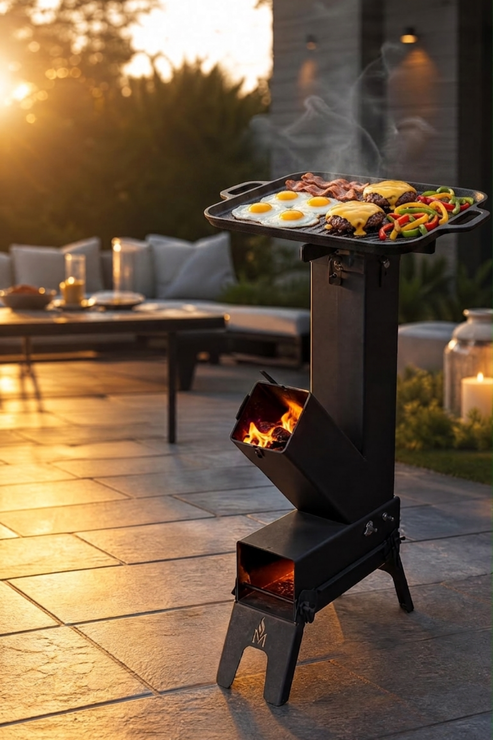 Poêle-fusée MASHWIᴹᶜ sur une terrasse au coucher du soleil, plancha chargée d’œufs, de bacon, de hamburgers et de poivrons, feu visible dans les deux chambres