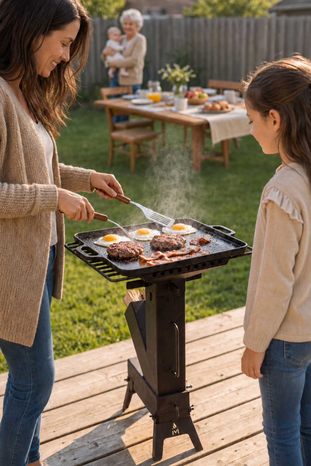 Déjeuner de fin de semaine sur la plancha du poêle-fusée MASHWIᴹᶜ — œufs, galettes et bacon, la famille attablée sur la terrasse derrière