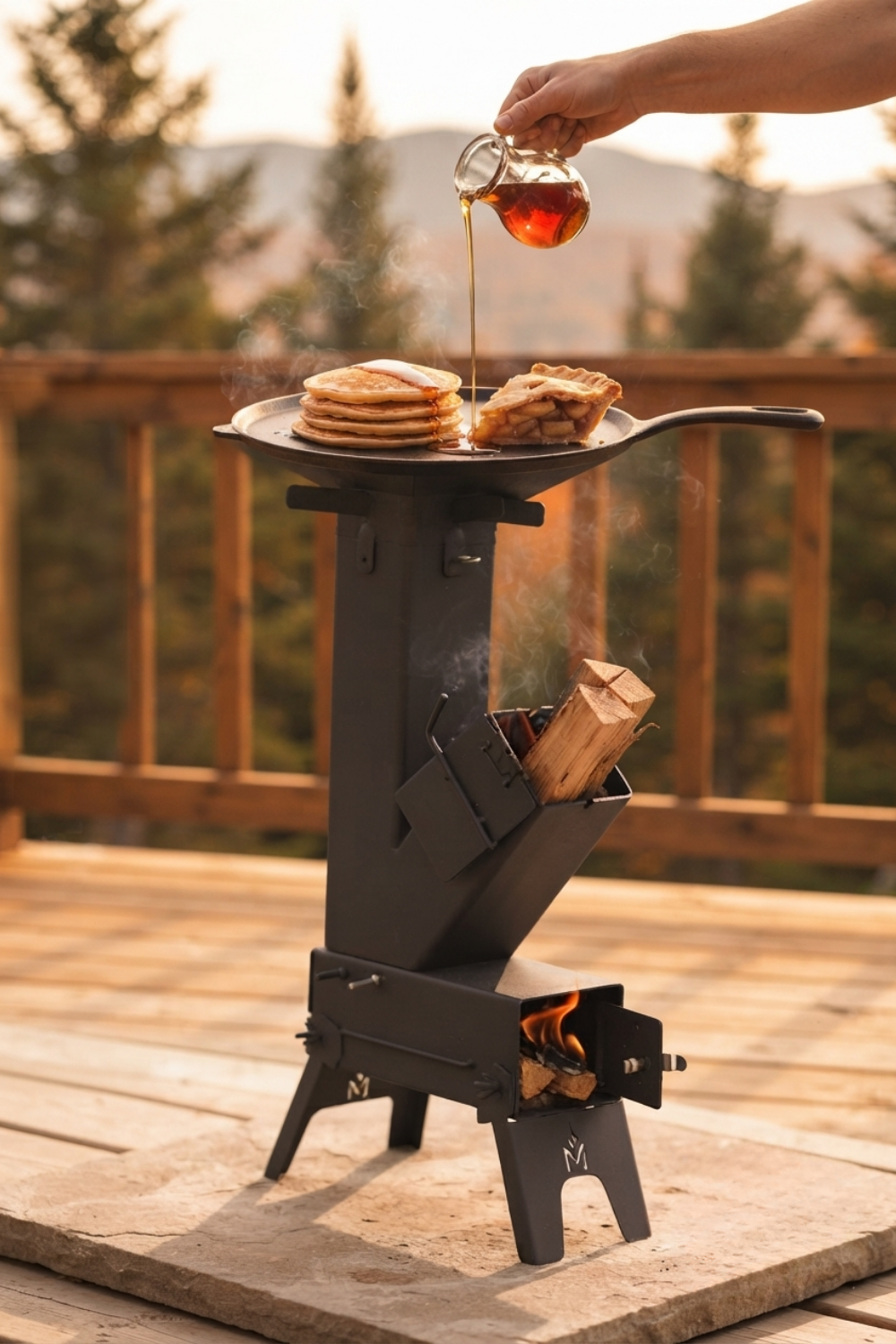 Sirop d’érable versé sur des crêpes cuites au poêlon sur le poêle-fusée MASHWIᴹᶜ, terrasse de chalet devant la montagne