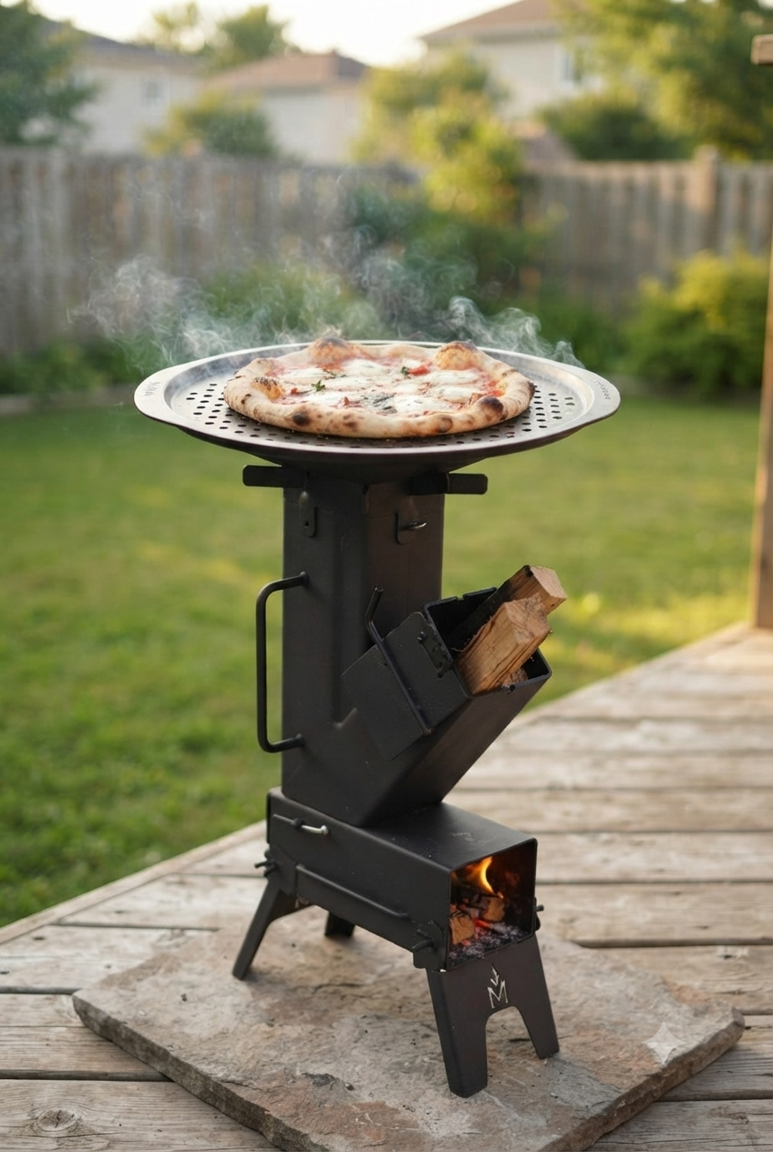 Pizza cuite au feu de bois sur le poêle-fusée MASHWIᴹᶜ, dans la cour arrière