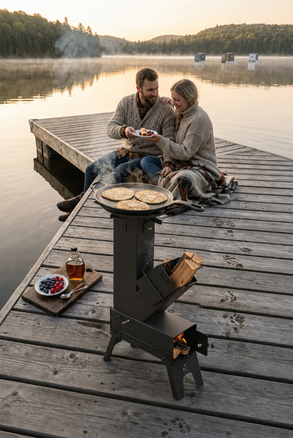 Crêpes du matin sur le poêle-fusée MASHWIᴹᶜ, un couple sur le quai devant le lac brumeux