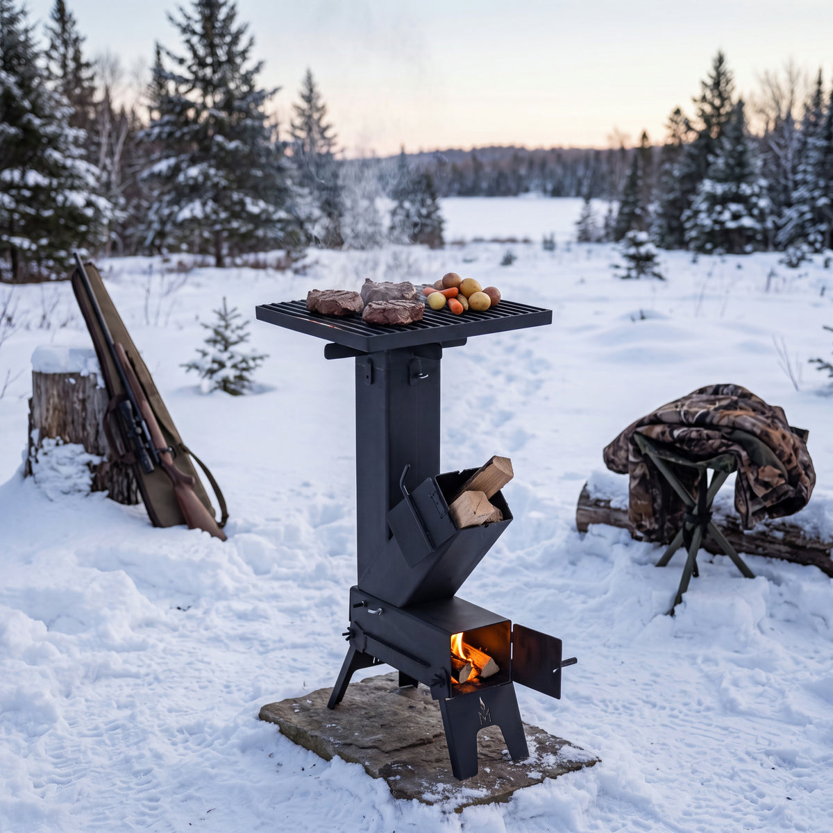 Steaks et pommes de terre sur le gril du poêle-fusée MASHWIᴹᶜ, au camp de chasse en hiver