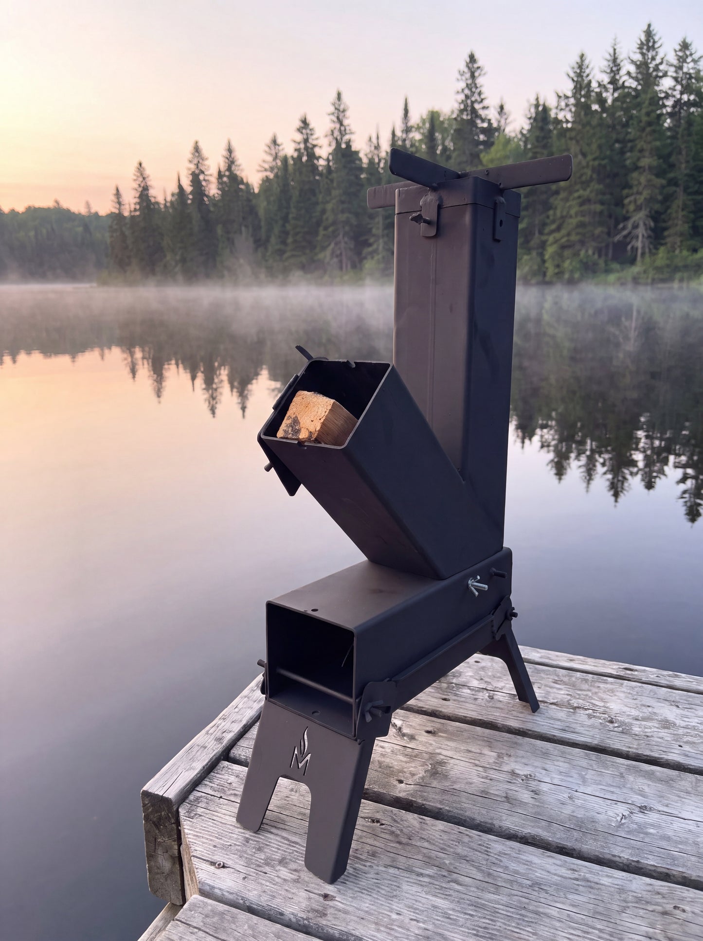 Poêle-fusée MASHWIᴹᶜ sur un quai au bord d’un lac des Laurentides à l’aube