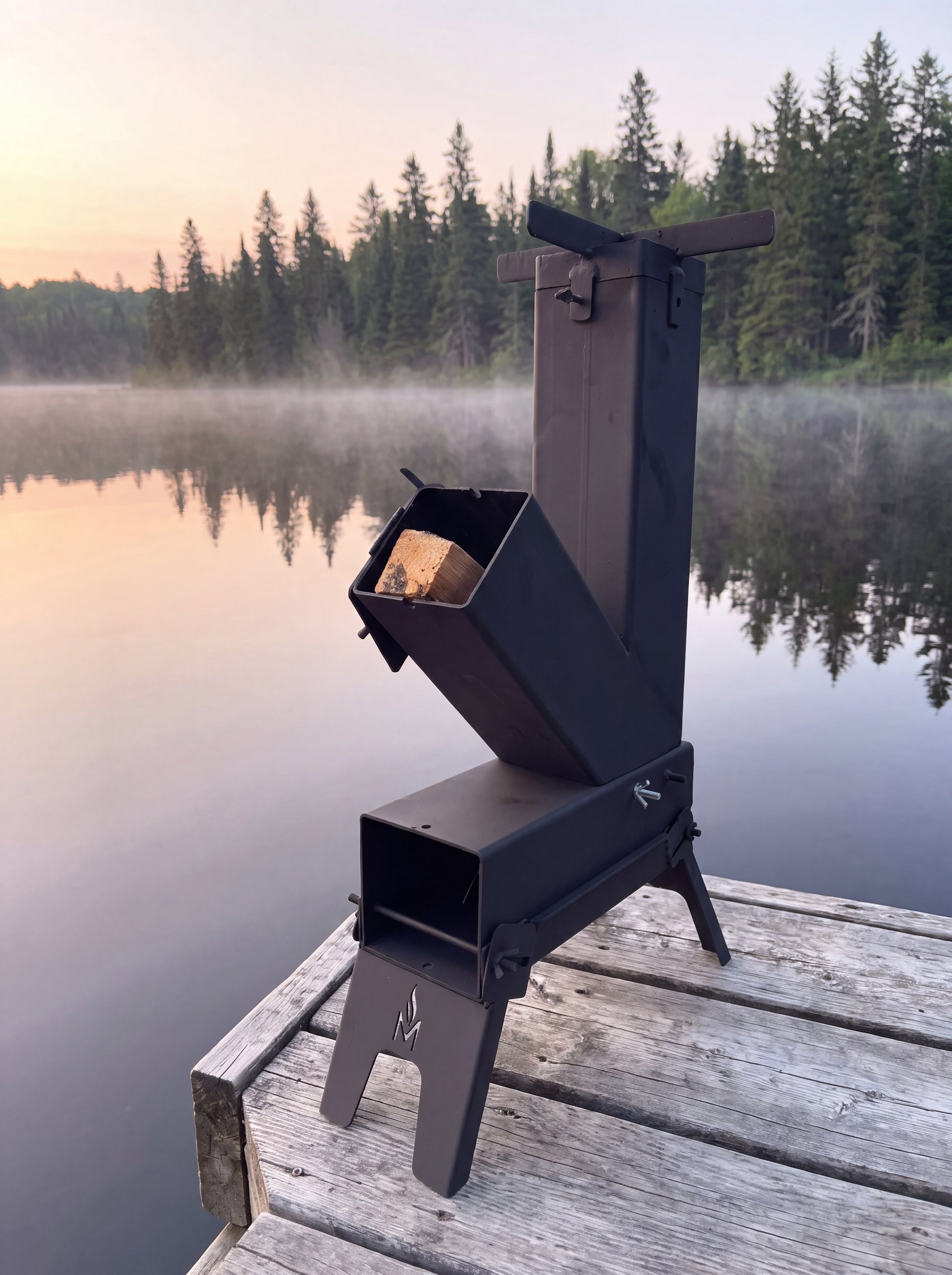 Poêle-fusée MASHWIᴹᶜ sur un quai au bord d’un lac des Laurentides à l’aube