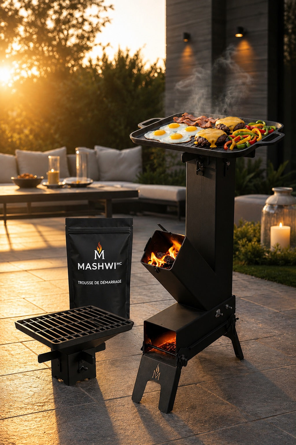 Ensemble de Base MASHWIᴹᶜ sur une terrasse : le poêle-fusée en cuisson, le gril montable et la trousse de démarrage.