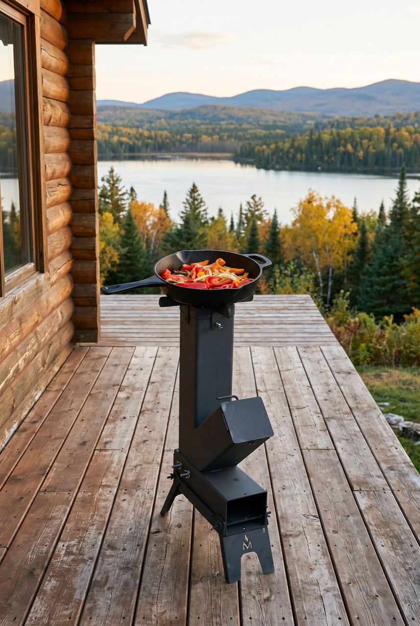Poêle-fusée MASHWIᴹᶜ sur la terrasse d’un chalet en bois rond, poêlon de poivrons sur le feu, lac et montagnes des Laurentides à l’automne