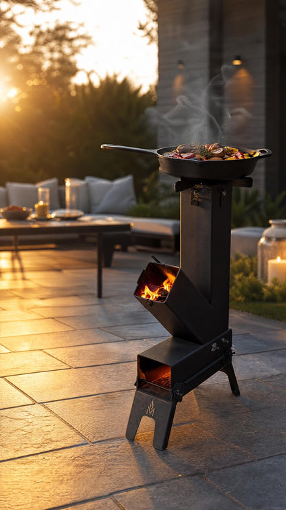 Poêle-fusée MASHWI en fonction sur une terrasse au crépuscule — poêlon en fonte, viandes et légumes grillés, flamme dans la chambre en L