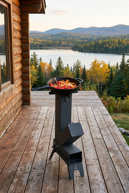 Poêle-fusée MASHWIᴹᶜ sur la terrasse du chalet — poêlon de légumes, lac et forêt