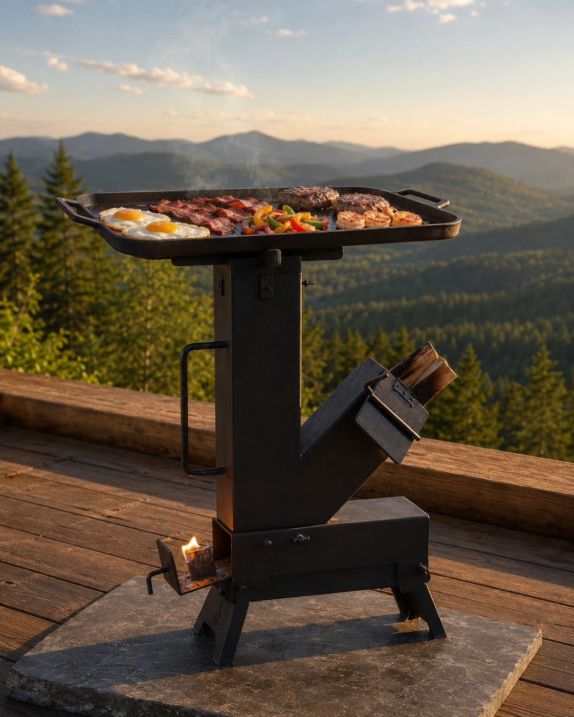 Plancha du poêle-fusée MASHWIᴹᶜ en cuisson sur une terrasse de montagne — œufs, bacon, hamburgers et crevettes au lever du jour
